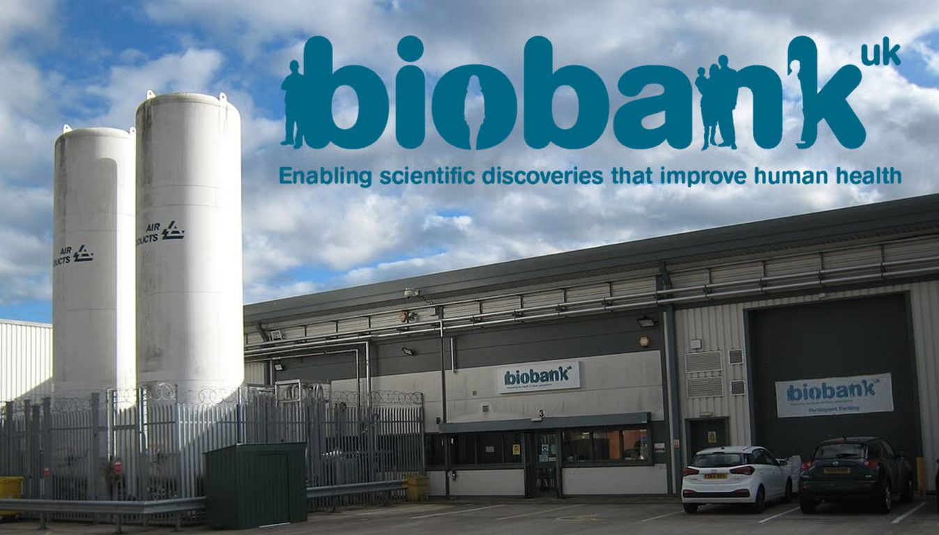 UK Biobank facility and logo representing research data security