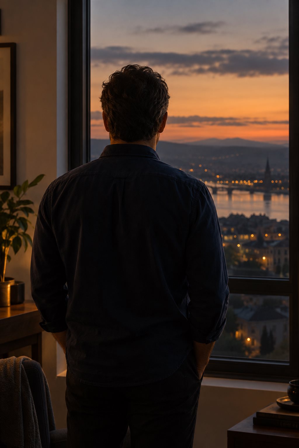 Illustrative back view of an anonymous man looking through a window at dusk; his face is not visible